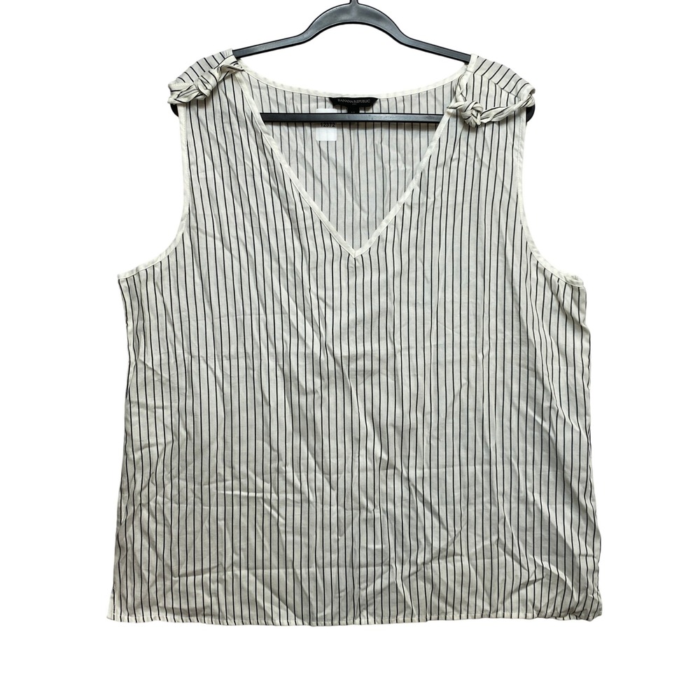 Banana Republic Top Womens XL White Sleeveless Pinstripe Knot Shoulder V-Neck